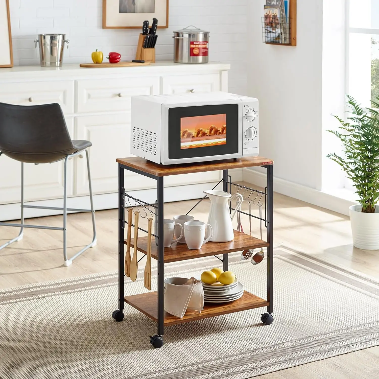 Mr IRONSTONE Microwave Cart 23.7'' for Small Space, 3-Tier Coffee Cart Rolling Kitchen Utility cart Microwave Stand on Wheels, V 2