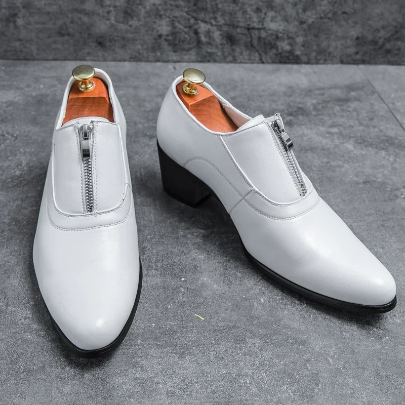 

White Men's Business Solid Pumps Gentlemen Zipper Leather Pointed Low Heel Fashion New Arrival 2023 Marry Shoes wedding Shoes