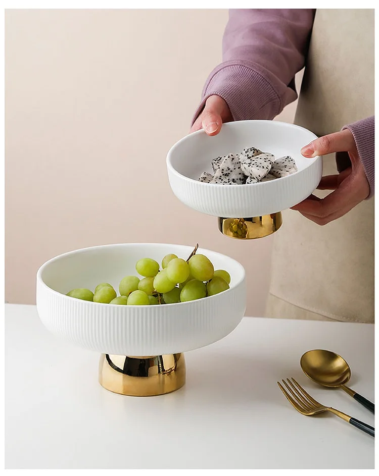 Ceramic Stylish Fruit Bowls With Gold Foot Large - 10 Inch