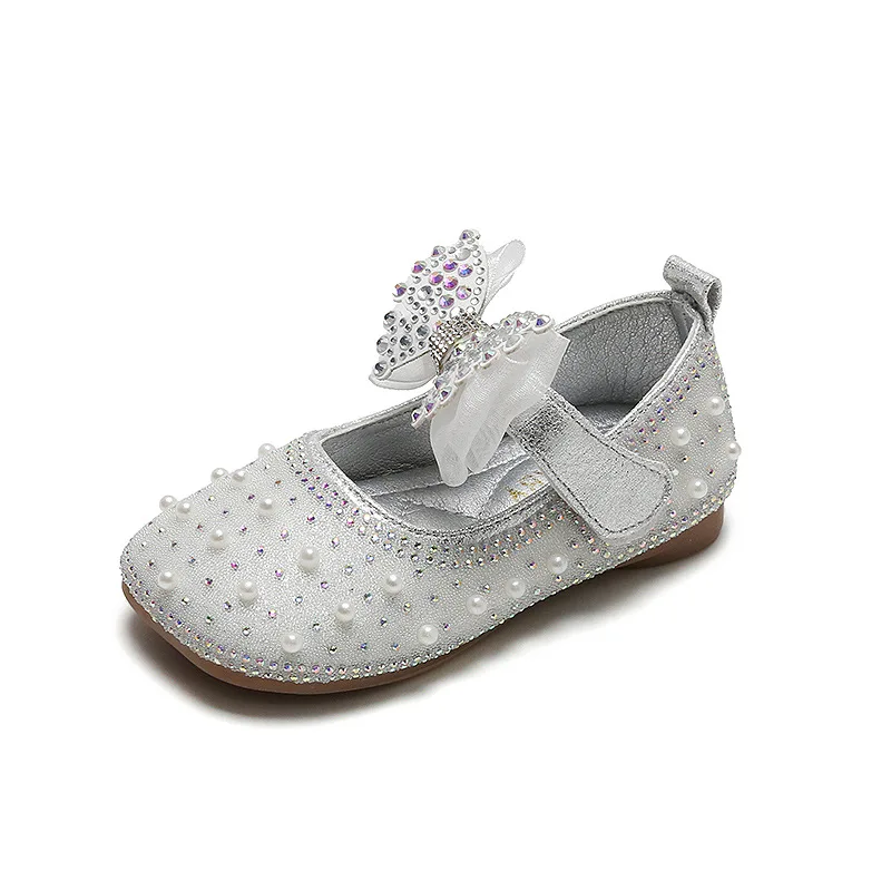 

Princess Shoes for Girls PU 2023 Summer New Solid Blue Little Girls Soft Pearls Cute Breathable with Bow Shallow Mary Janes Flat