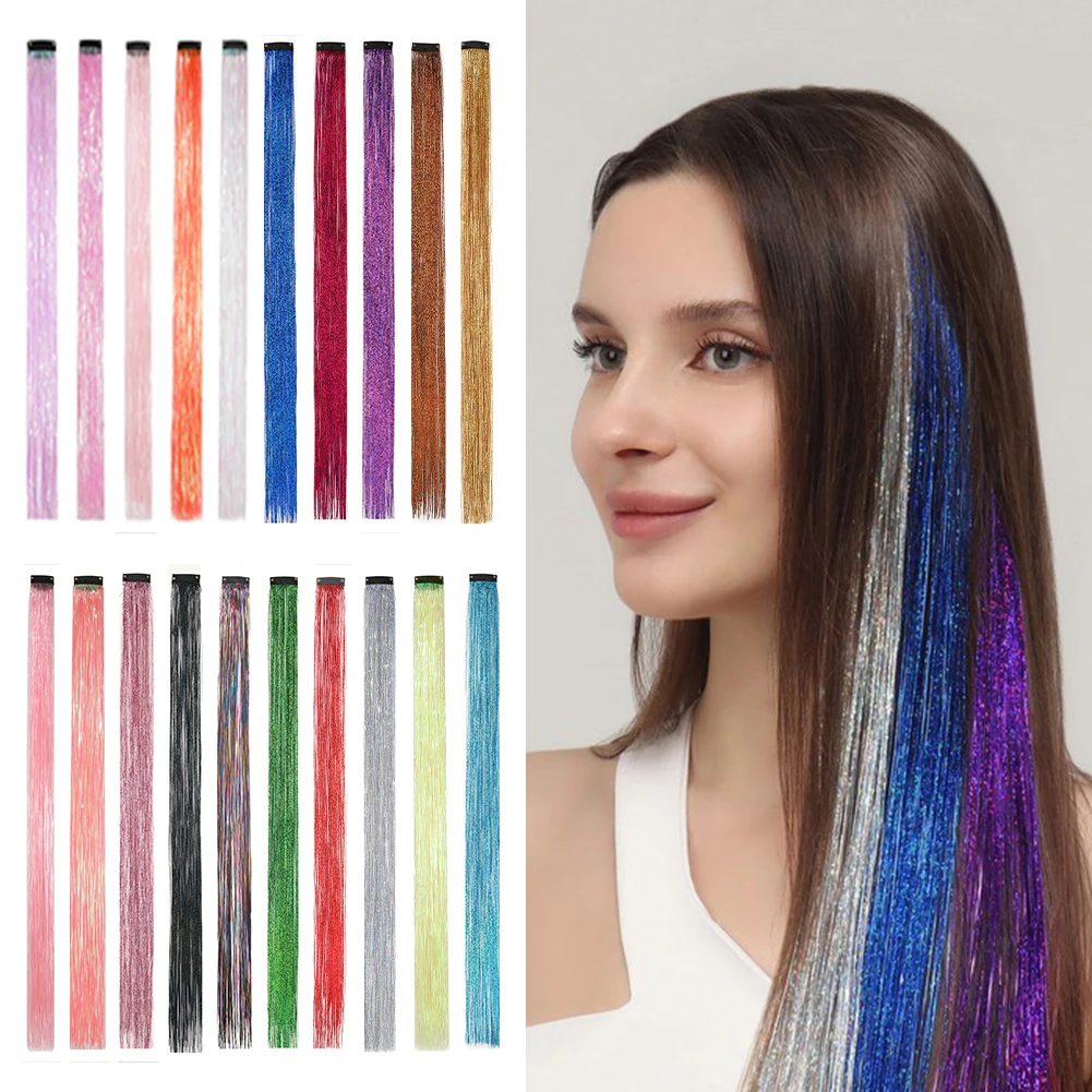 5Pcs/Pack Clip in Hair Tinsel 22 Inch Synthetic Colorfull Tinsel Hair Extensions for Women Girls Party Christmas New Year Gift