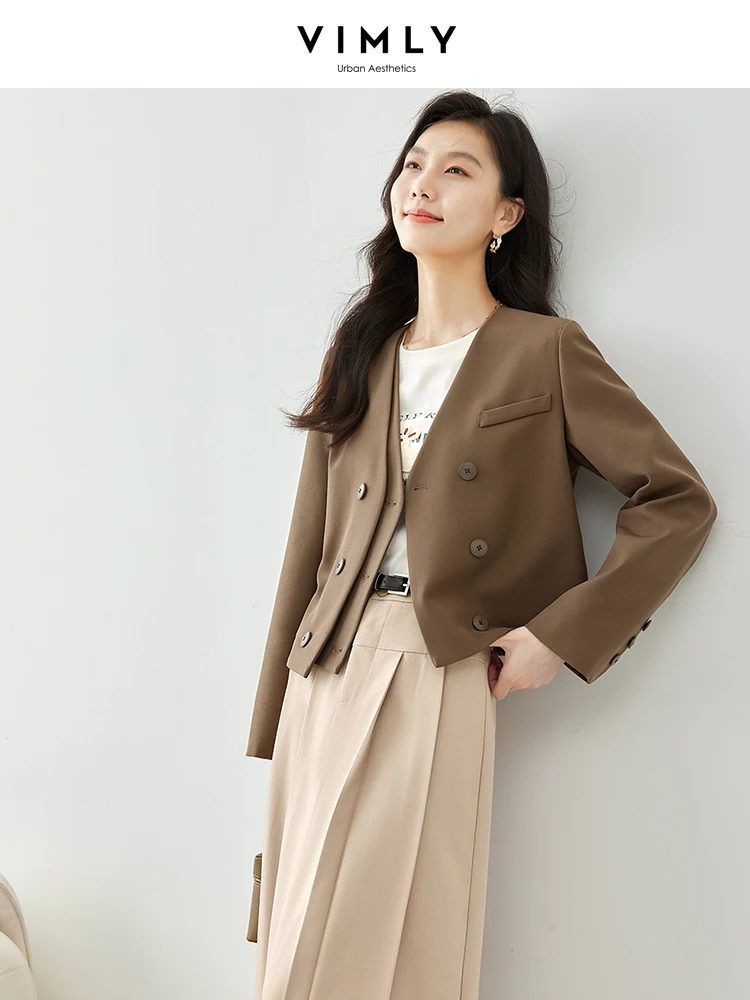 

VIMLY Elegant V-neck Cropped Blazer for Women 2024 Spring Straight-cut Double-breasted Short Jackets Long Sleeve Outerwear M3275
