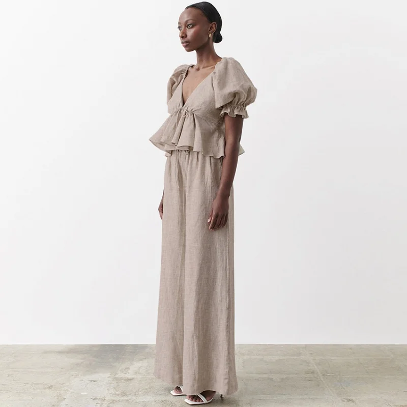 Spring and Summer Cotton and Linen Lace-up Exposed Back V-neck Puff Sleeve Short-Sleeved Shirt Women's Wide-Leg Pants Slimming T