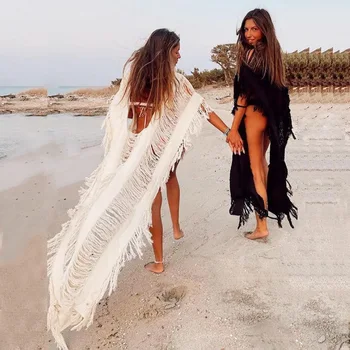 Vintage Knitted Beach Cover Up Crochet Pareo Bikini Cover Up Bathing Suit Cover Ups Tassel Long Beach Dress Robe De Plage 1