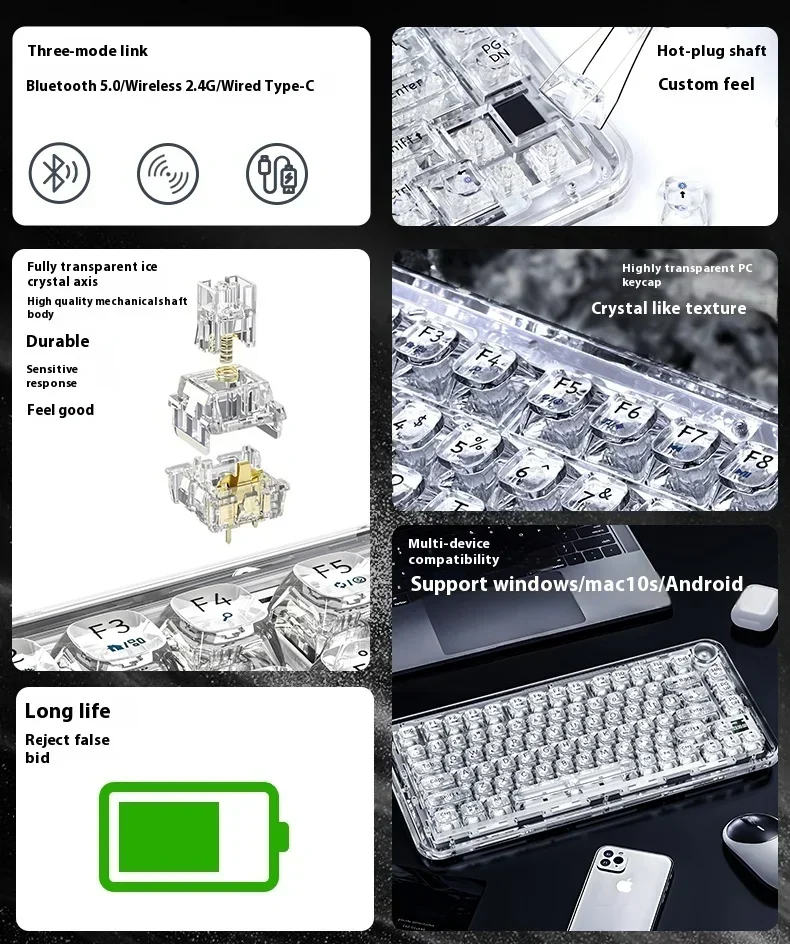 Dagk Colorrecof81 기계식 키보드, 무선 투명 3 가지 모드 블루투스 가스켓, 핫 스왑 RGB 노트북 게이머 PC 게이밍 키보드