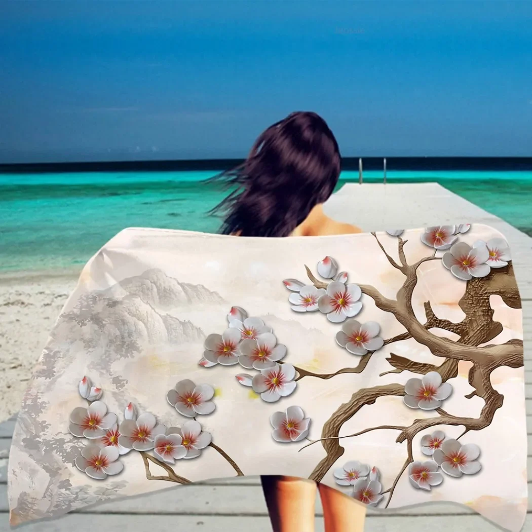 Plum Blossom Flower Beach Towel Microfiber Quick Dry Towel Ink Painting Summer Rectangular Absorbent Home Decor for Women