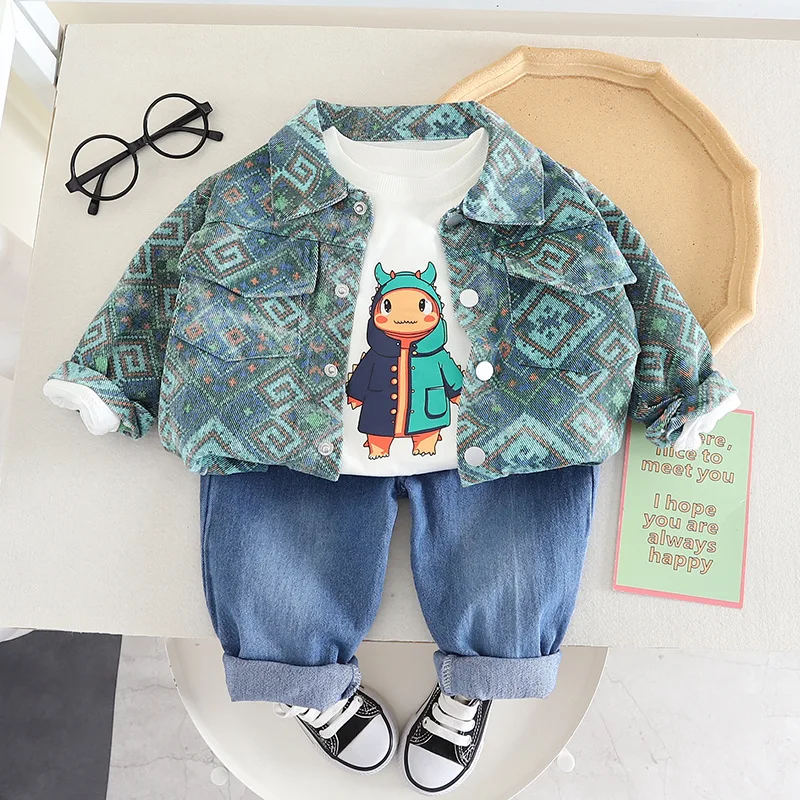 

Handsome Boy Denim Long Sleeve Baby Casual round Neck Sweater Suit Ethnic Style Three-Piece Suit