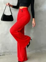 Women's Solid Black Casual Elegant Straight-Leg Pants Back to School Asymmetrical V-Shaped Waistline Accentuates Curves - Image 3