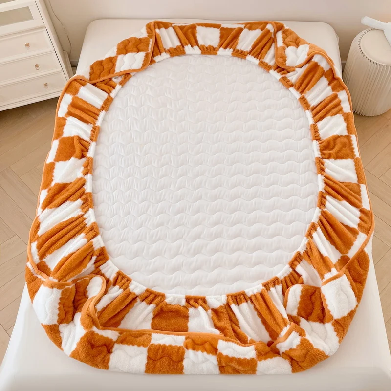 Soybean Cotton Mattress Cover Arctic Velvet Fitted Sheet  Pad Checkerboard Series Double Bed Dust Mite Queen King Size Home Deco 5