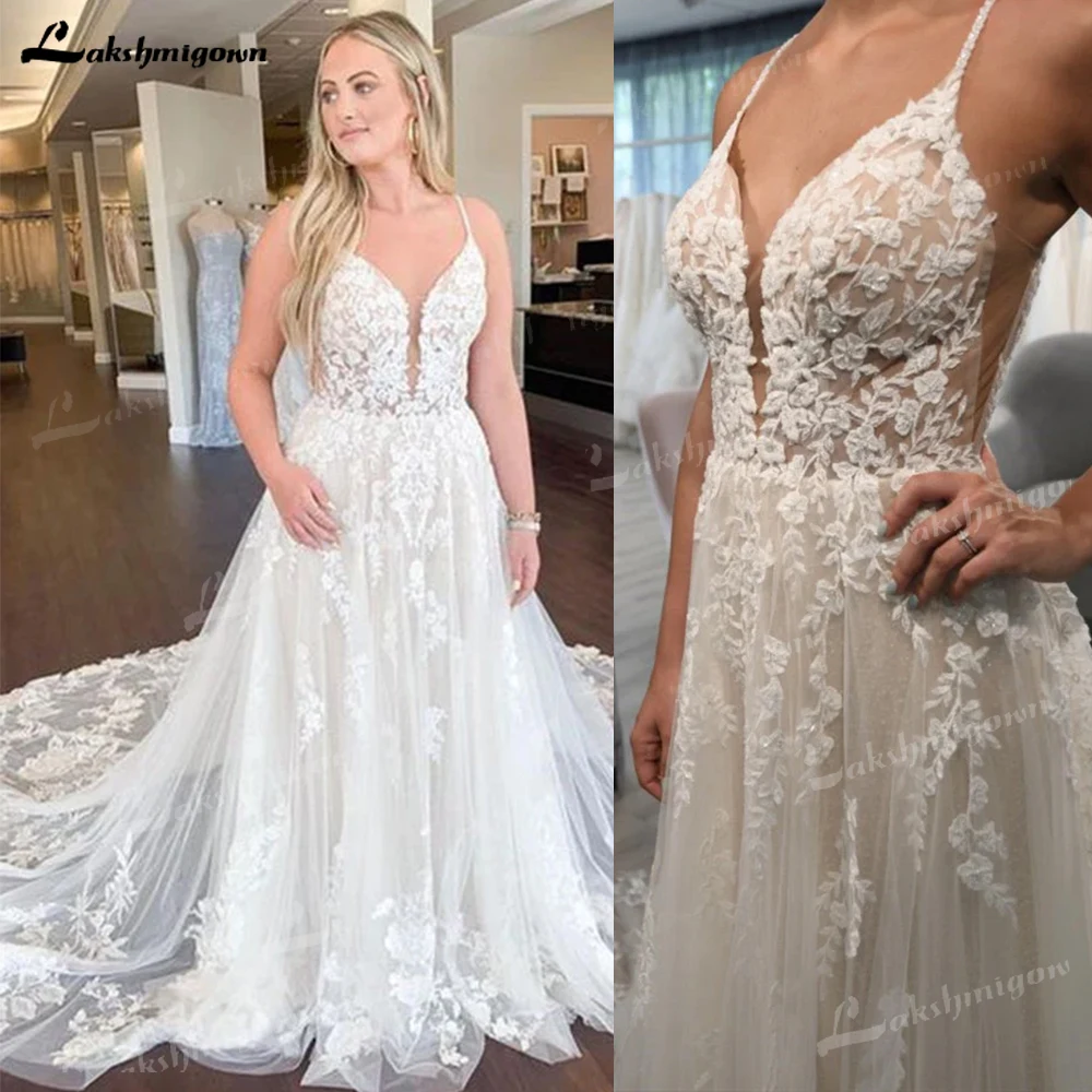 

Spaghetti Strap Boho A-Line Long Ivory Tulle Bridal Wedding Dress With Lace Long Train Wedding Gowns robe de mariage 2022