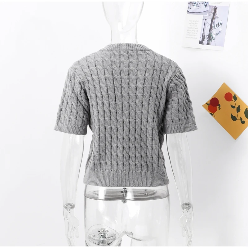 Knitted Single Breasted Cardigans Women Solid O-neck Short Sleeve Ribbed Sweaters Female Fashion New Slim Ladies Casual Top