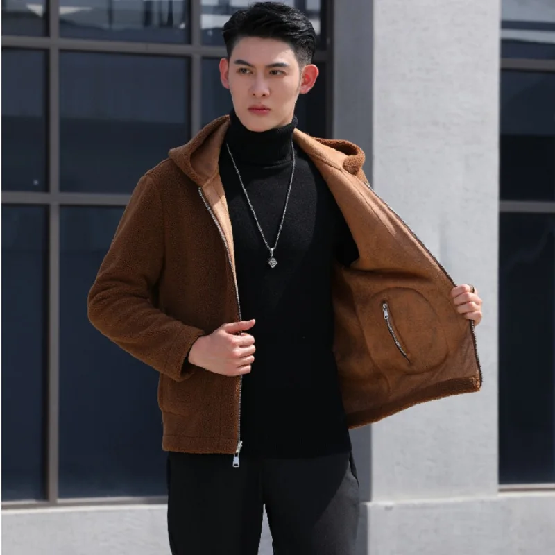 2022 Couples Wear Double Sided Grain Fleece Hooded Coat with Cashmere Thickened Suede Lamb Fur One Body Winter Warm Jacket Men