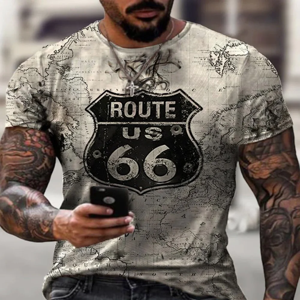 

BHRIWRPY Summer Retro 3D Pattern 66 Men's Shirt Loose Round Neck Short Sleeved Shirt Men's Casual And Comfortable Clothing