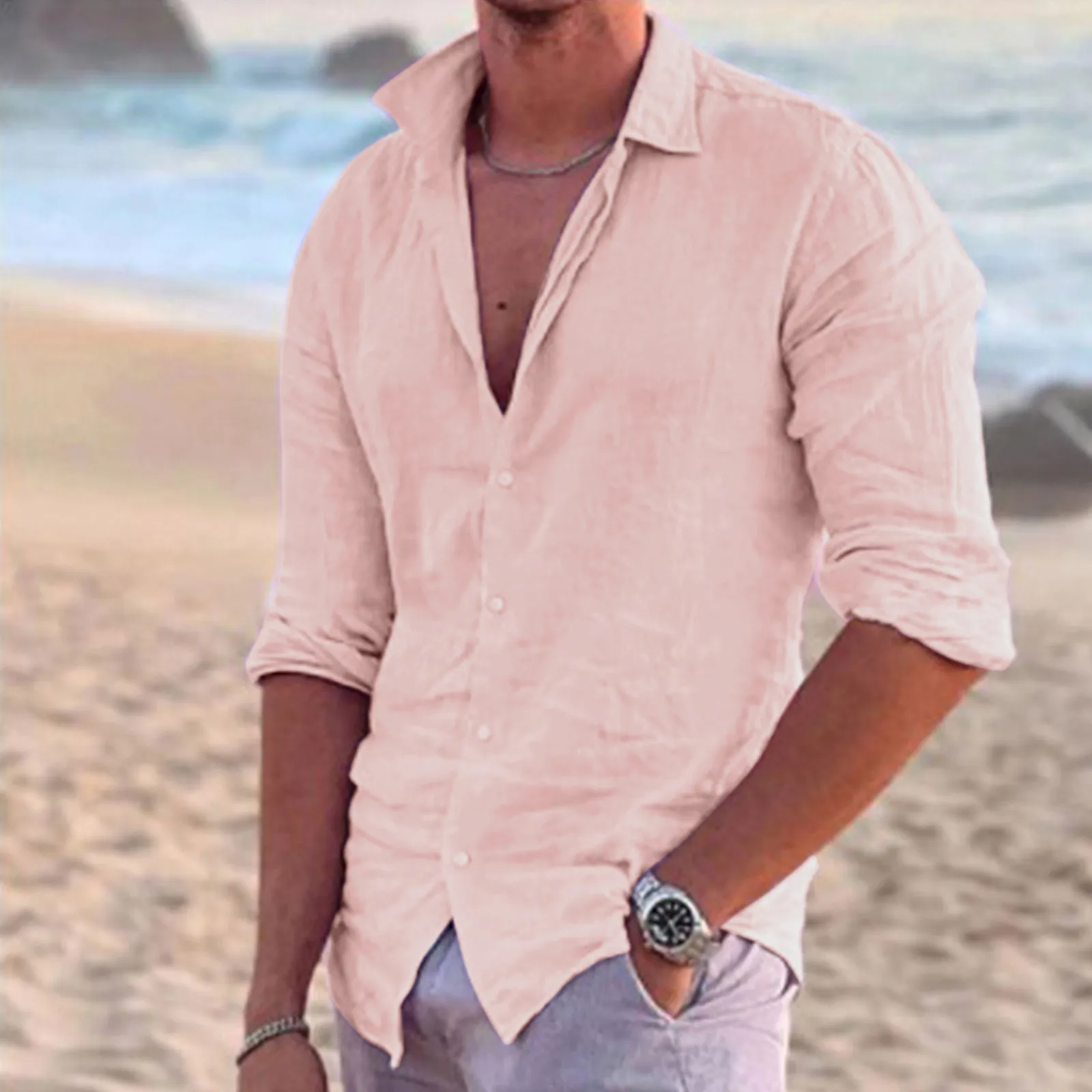 

Faux Cotton Linen Shirts Solid Color V-Neck Shirt Button Blouse Beachwear Men's Shirts Beach Camisas Hombre Long Sleeve Blusas