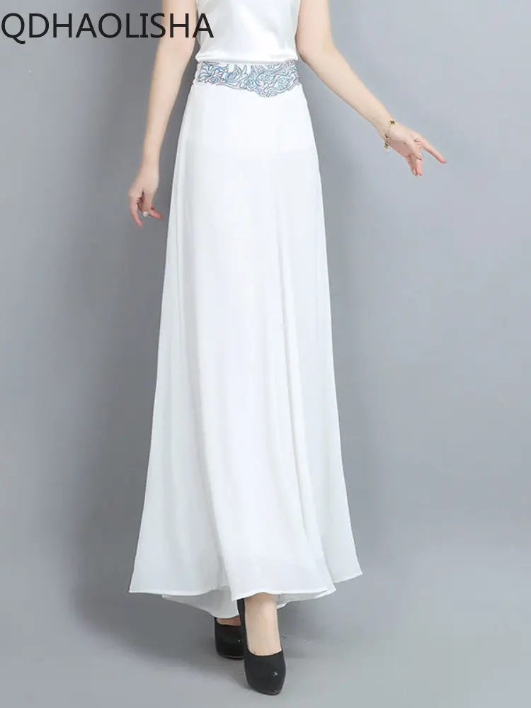 

Women Summer Pants Long Wide Leg Elegant Chiffon Embroidery Streetwear Baggy Korean Style Solide Casual Loose High Waist Vintage