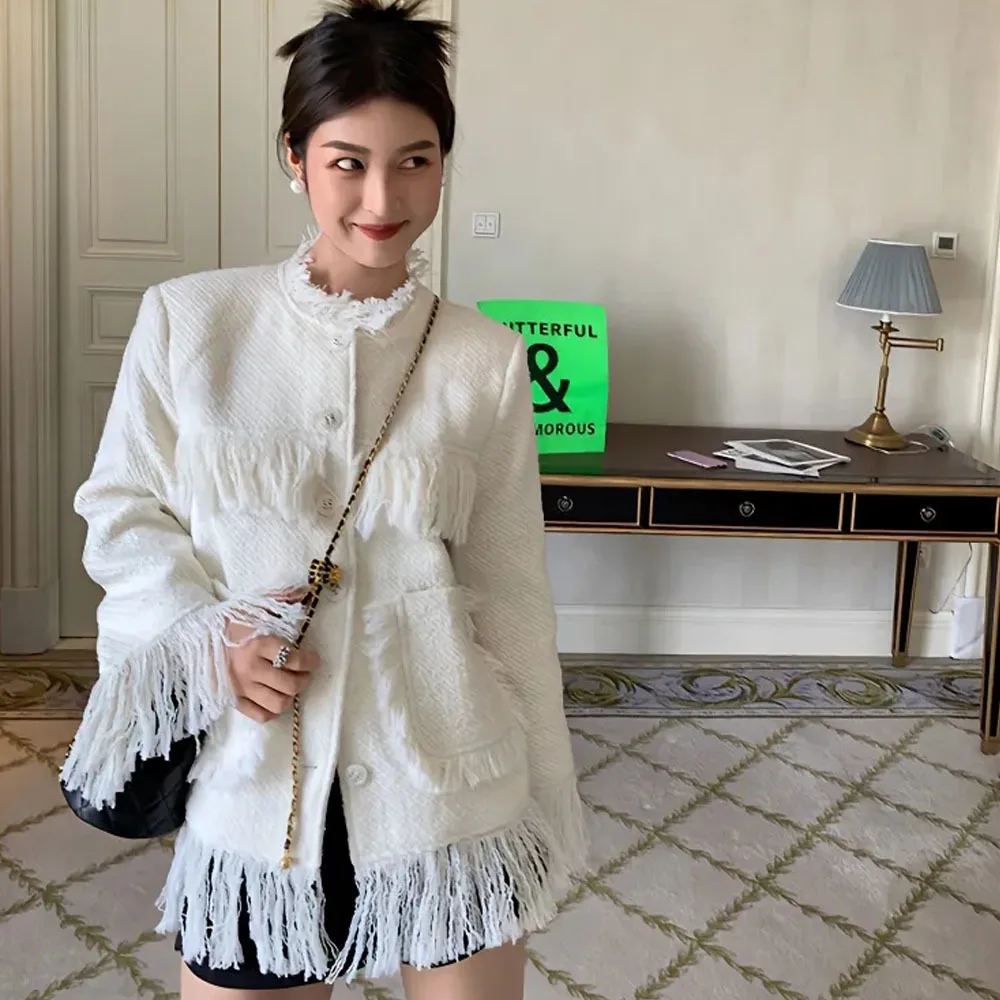 

Женская винтажная куртка с кисточками, Элегантное маленькое пальто белого цвета, длинная свободная верхняя одежда, осень 2023