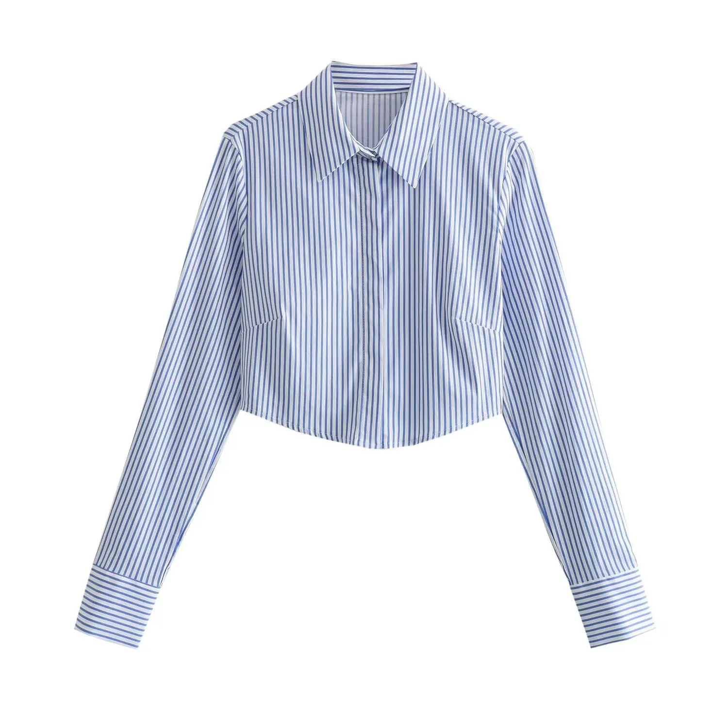

Women 2024 New Fashion Slim Cropped Versatile striped lapel Blouses Vintage Long Sleeve Button-up Female Shirts Chic Tops