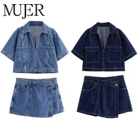 MUJER bleu Denim chemise femme à manches courtes chemise courte femmes été hauts courts femme Streetwear Y2k élégant femmes Blouses 1