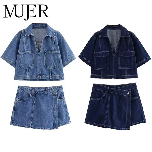 MUJER bleu Denim chemise femme à manches courtes chemise courte femmes été hauts courts femme Streetwear Y2k élégant femmes Blouses 1