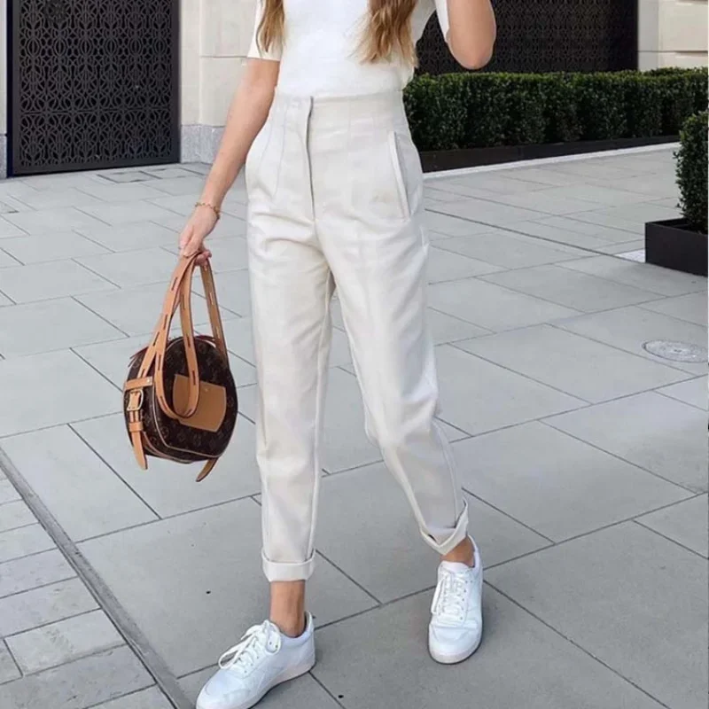 2022 New Woman Pants Chic Fashion Office Wear Pants for Women Vintage High Waist Zipper Fly Female Ankle Trousers Mujer Gothic