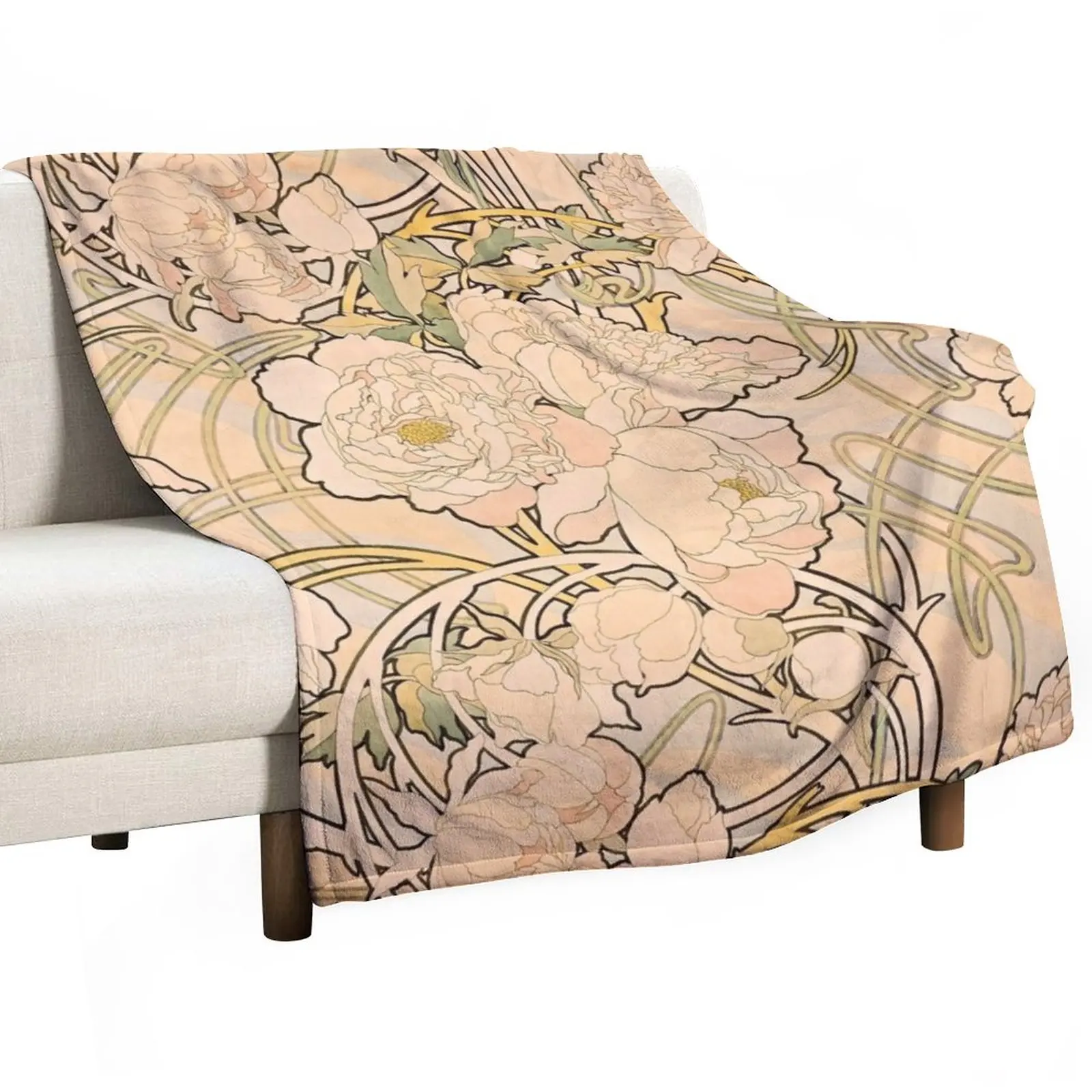 

Alfonse Mucha Art Nouveau Peonies Throw Blanket bed plaid Luxury Blanket Decorative Sofa Blanket Sofa Blanket