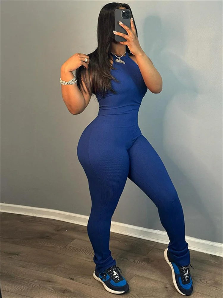 Simenual Casual Solid High Waist Skinny Jumpsuits Women Sexy Backless Halter One-Piece Outfits Y2K Sporty  Basic Jumpsuit 2024
