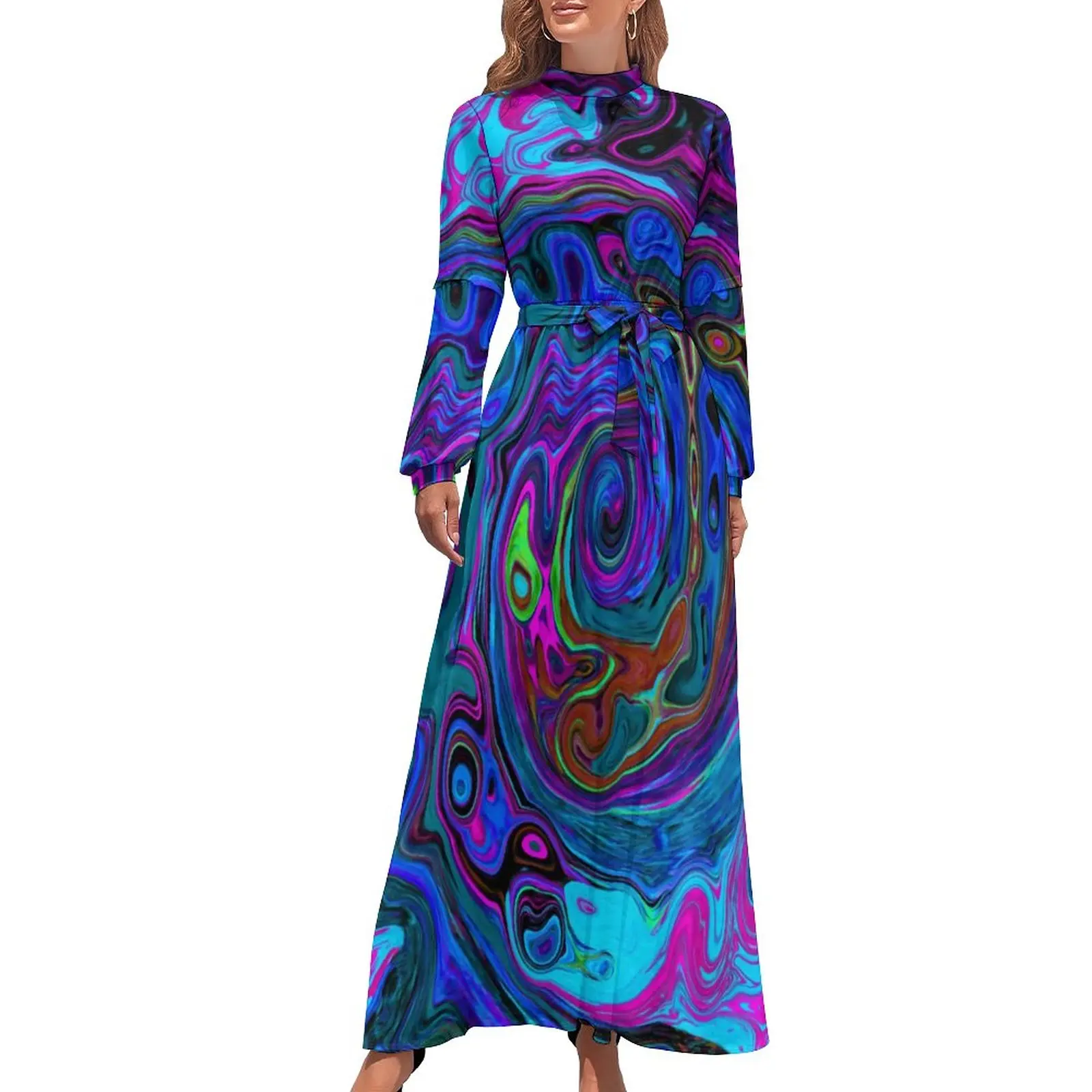 

Groovy Hippy Print Dress Blue and Purple Liquid Elegant Maxi Dress Casual Beach Long Dresses High Waist Pattern Clothing