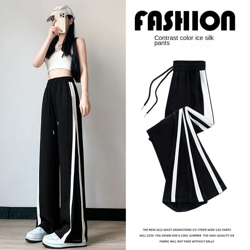 New sweatpants women's spring and autumn casual slim straight drape small  black narrow version wide-leg pants summer - AliExpress