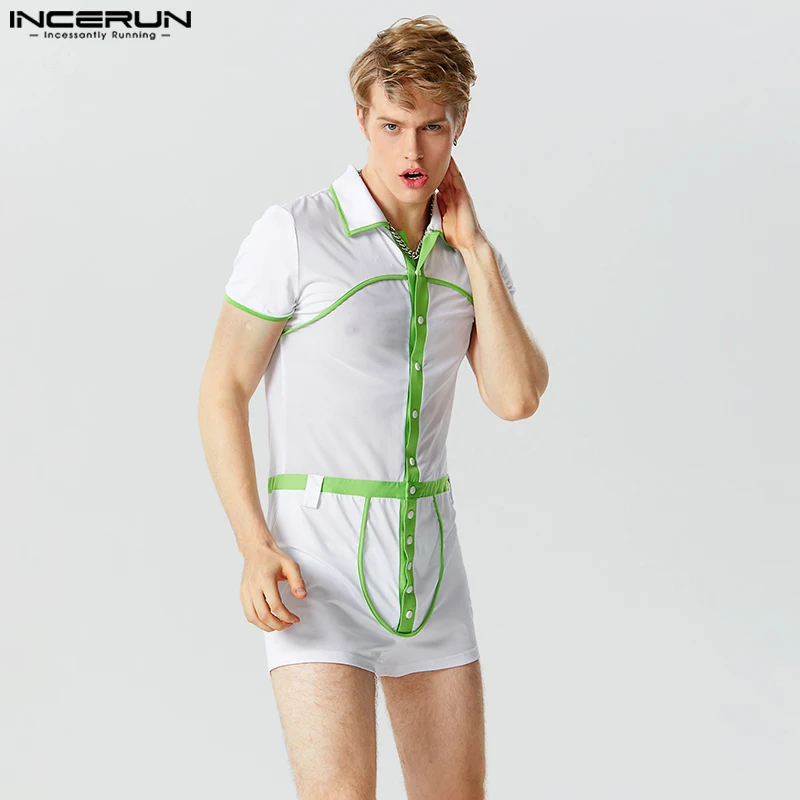 INCERUN 2023 Sexy Men's Homewear Bodysuits Splice Contrast Design Bodysuits Fashionable Short Sleeve Flat Angle Jumpsuits S-5XL