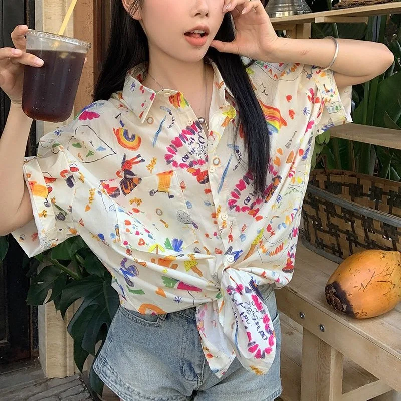 Summer New England Hand Painted Printed Blouses Polo Neck Short Sleeve Pockets Thin All-match Loose Single-breasted Women Shirts