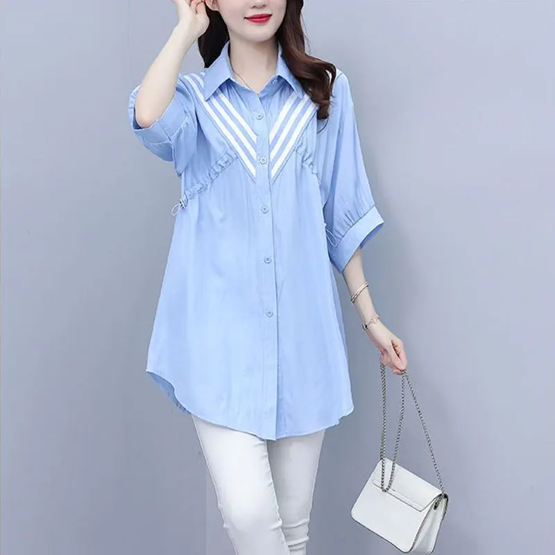 Female Clothing Striped Patchwork Shirt Commute Single-breasted Summer Fashion Shirring Casual Half Sleeve Basic Lapel Blouse