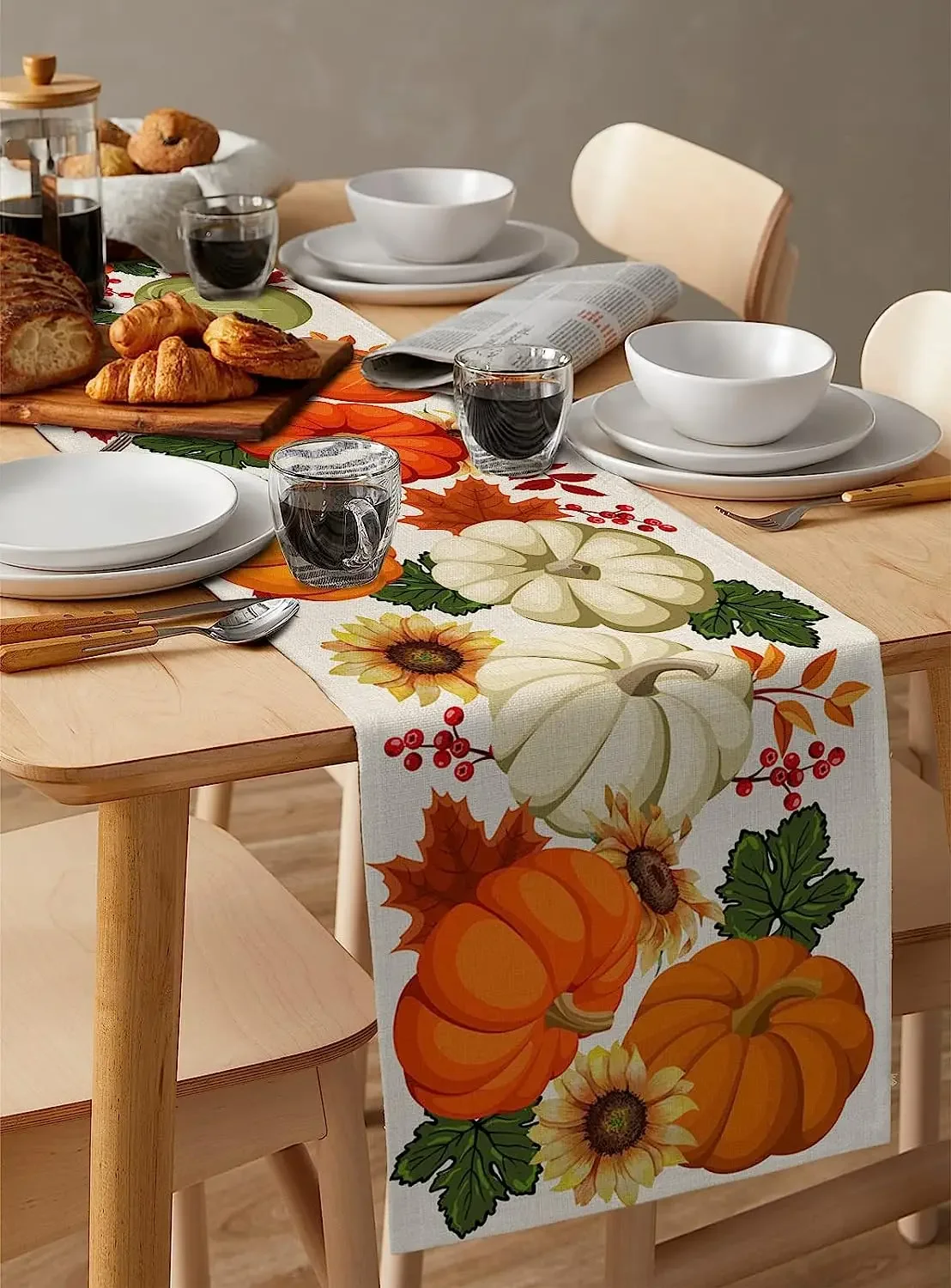 Thanksgiving Autumn Pumpkin Maple Leaves Linen Table Runners