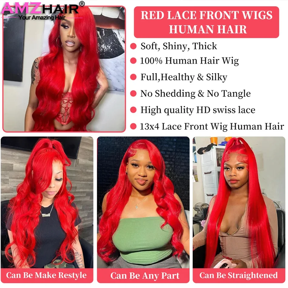 Hot Red Body Wave 13x4 Lace Front Wig Human Hair Pre Plucked  display picture 1