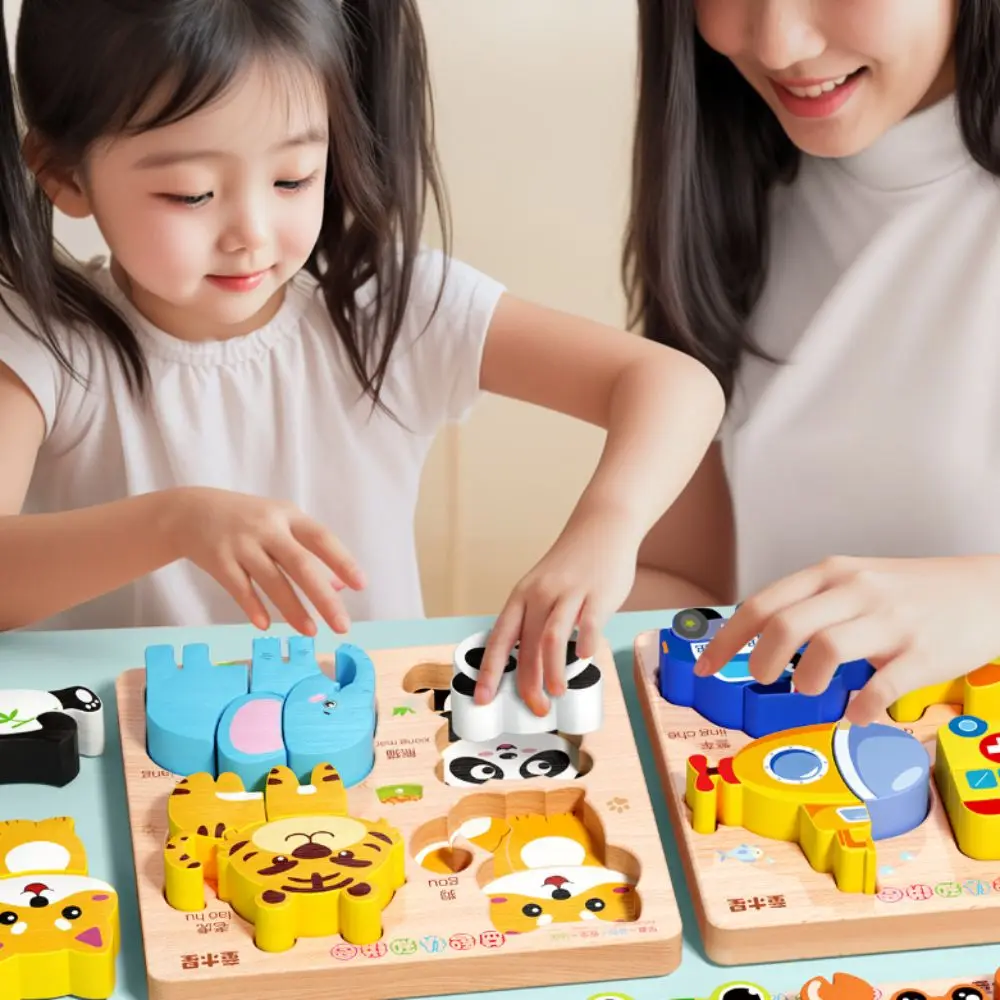 Game 4 in 1 3D Wooden Puzzles Educational Cartoon Wooden Rainbow Blocks Puzzle High Quality Animal Wooden Toddler Puzzles Kids 2