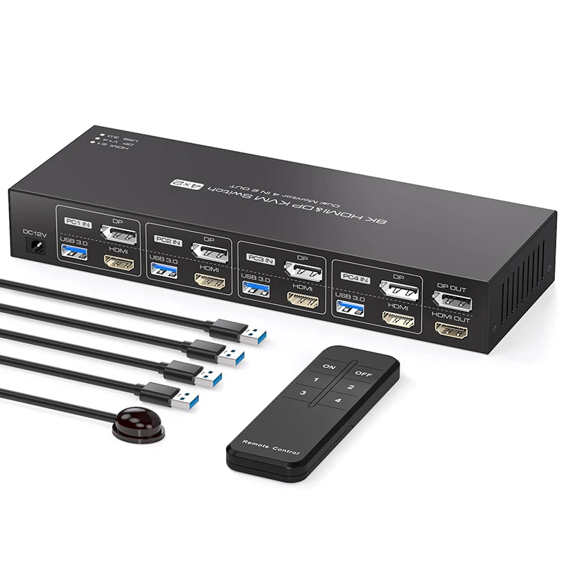 8K 디스플레이 포트 HDMI KVM 스위치, 컴퓨터 4 개, 모니터 2 개, 모니터 4 개, USB 3.0 장치 4 개, 듀얼 모니터 4 개