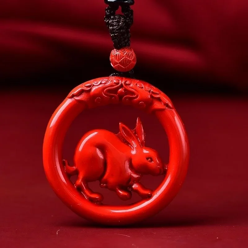 

Cinnabar Red Double Sided Carved Rabbit Tiger Pendant Necklace Jewellery Chinese Hand-Carved Healing Women Luck Sweater Chain