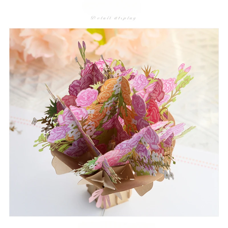 Valentine's Day 3D Card Embroidery Carnation Bouquet Paper Carving Creative Gratitude Blessing Message Envelope Cardboard