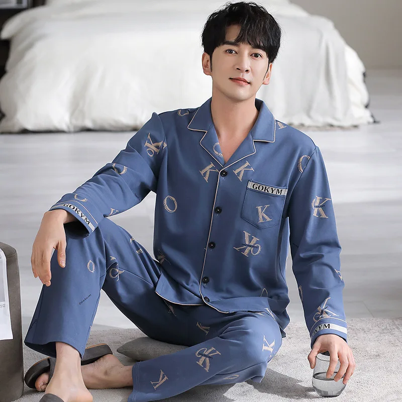 Autumn Winter Men's Cotton Pajamas Fashion Lapel Long Sleeve Cardigan Pants Comfortable Casual Loose Fitting Home Clothing Set