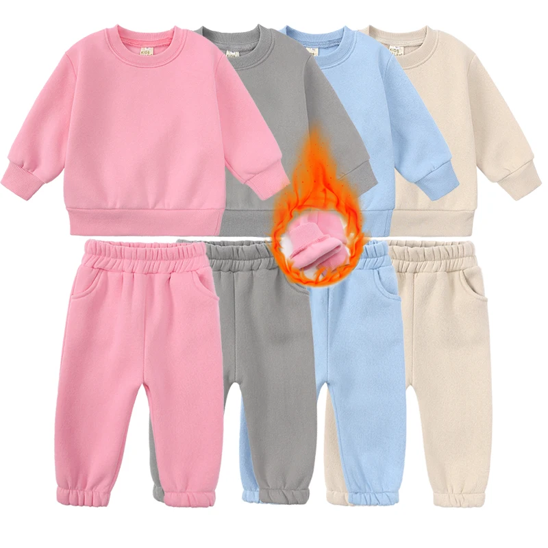 2024 New Arrivals Little Girls Clothing Tracksuit 2 Pieces Set Warm Fleece Plain Top Sweatshirt+Pants Loungewear Suit For Kids