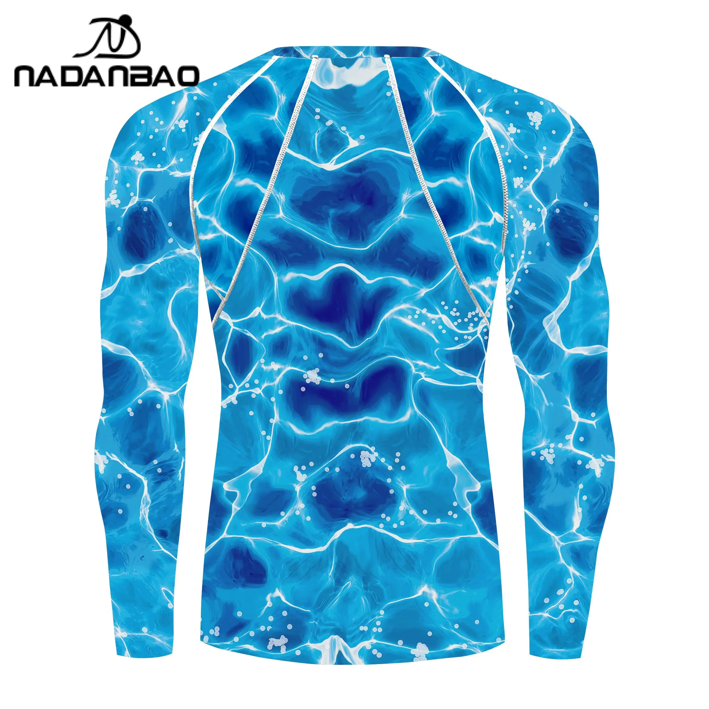 Nadanbao Men's Swimwear Gym Top Blue Water Printing Swimsuits Party Long Sleeve Beachwear Summer Fitness T-Shirt Surfing Clothes