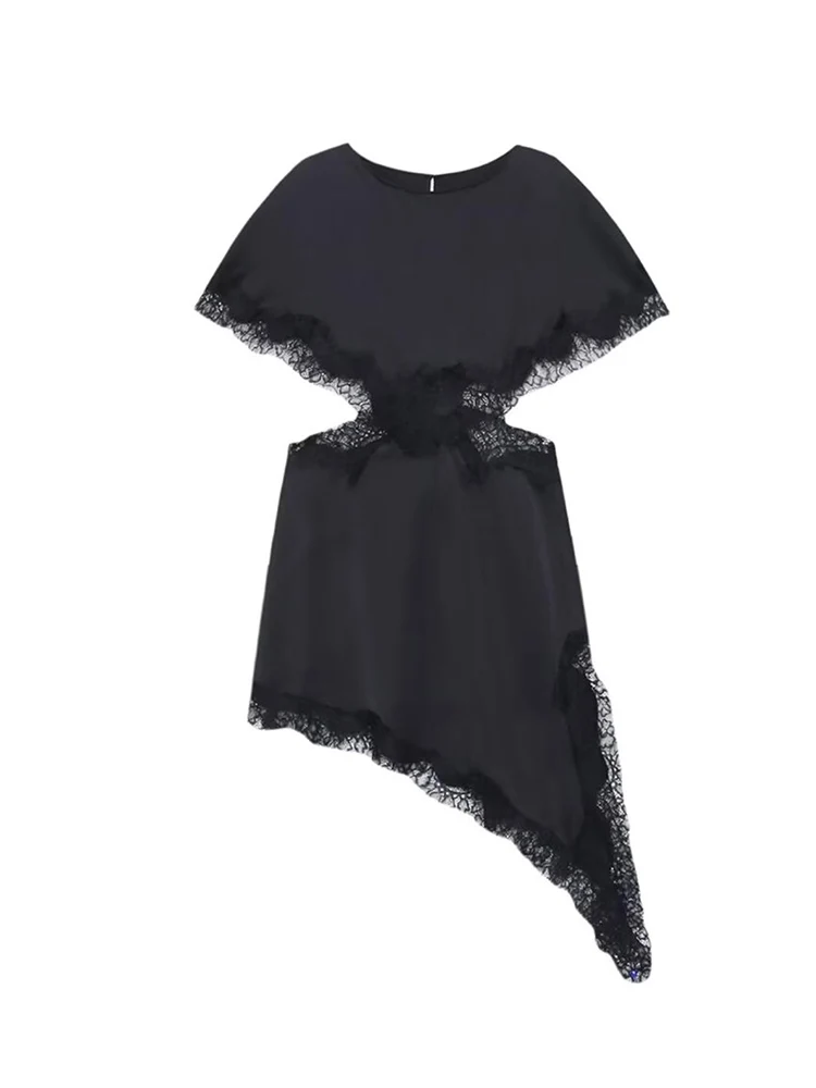  New Women Lace Midi Dress Solid Color Hollow Out Asymmetric Hem Dresses Elegant Sexy Evening Dresses FemaleShort Sleeve Dress