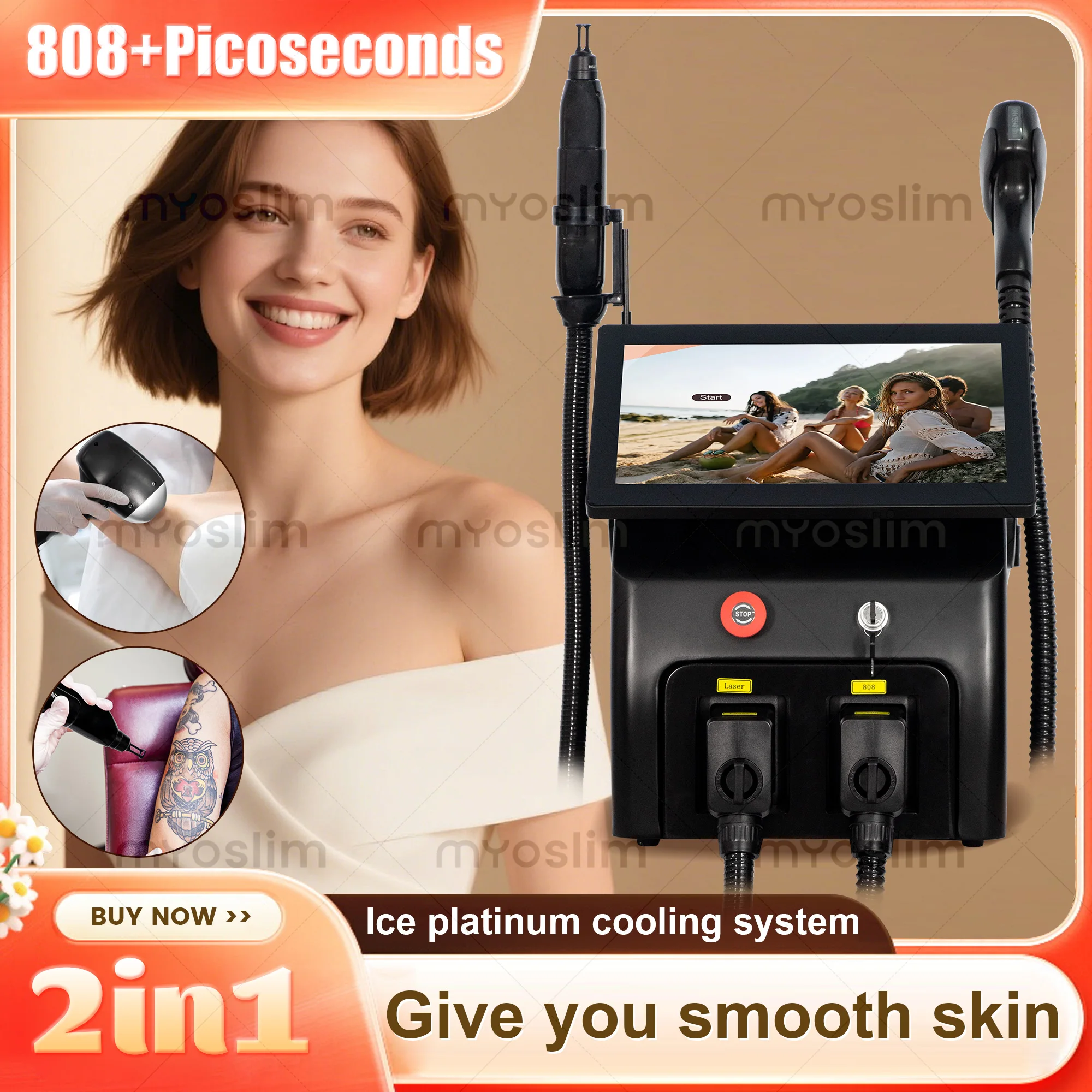 Láser de picosegundo 2 en 1, máquina de eliminación de tatuajes con depilación láser de diodo 808 con 4 longitudes de onda 755nm 808nm 1064