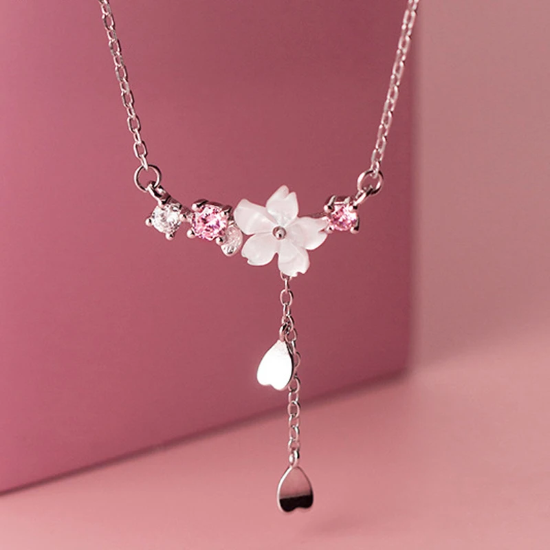 

s925 sterling silver Korean light luxury Shell Flower necklace Women's Love tassel Diamond Clavicle chain