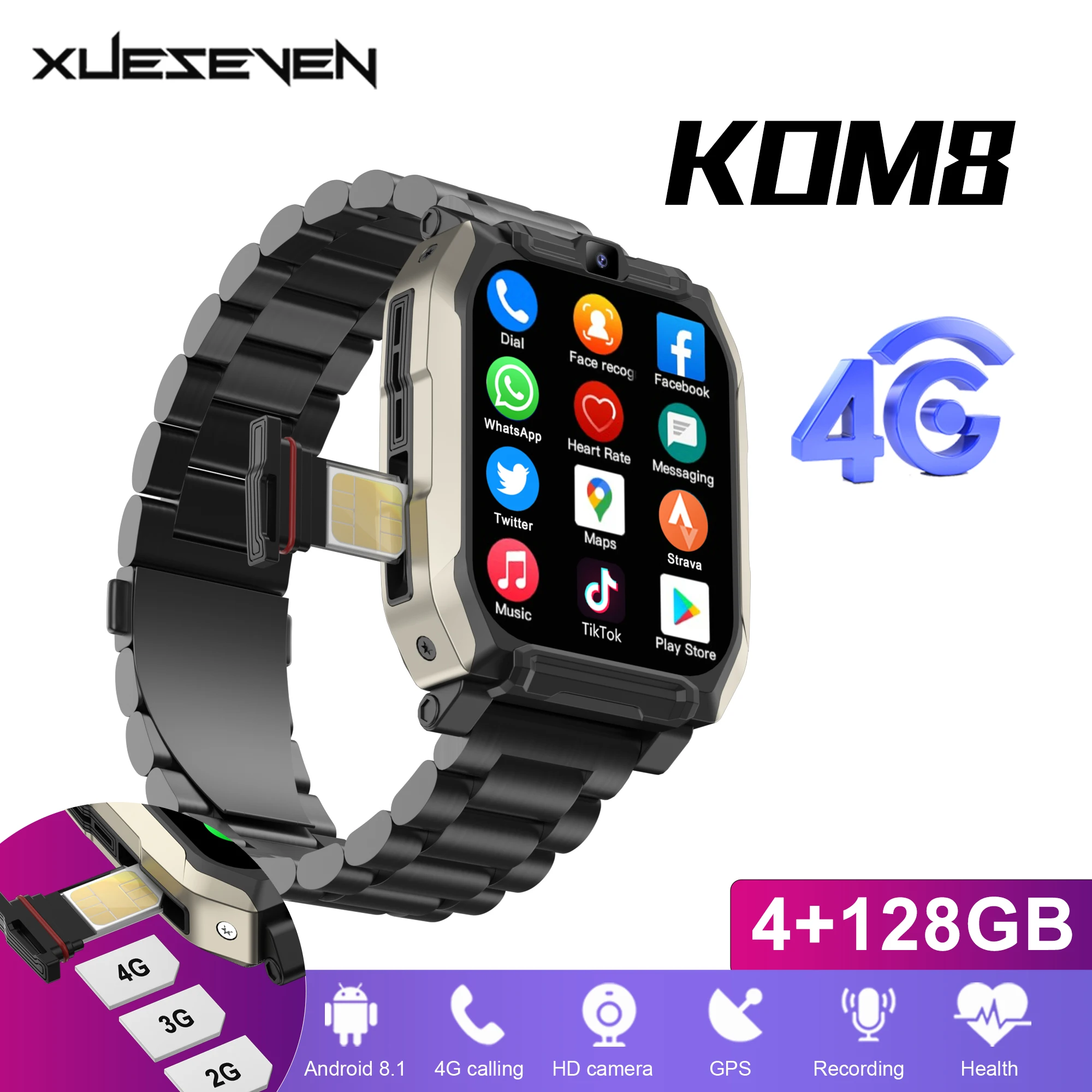 XUESEVEN KOM8 남성용 4G LTE 네트워크 스마트워치, HD 듀얼 카메라, GPS 방수, 와이파이, 구글 스토어, 안드로이드 8.1 스포츠 스마트워치