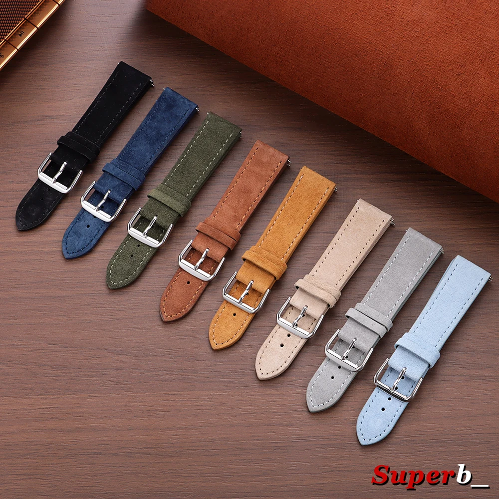 Vintage Suede Cowhide Watch Strap - Handmade Quick Release Bracelet in Gray, Brown, Green