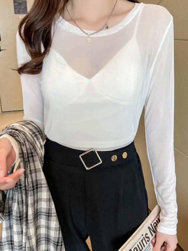 Summer Korean Fashion Mesh T-shirts Women Vintage Transparent Tops for Women Loose White Transparent Office Lady Shirts