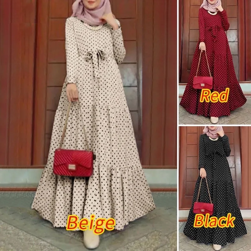 Polka-dot Long Sleeve Dress Muslim Islamic Women Caftan Marocain African Fashion Summer Sundress Party Evening Dresses Abaya