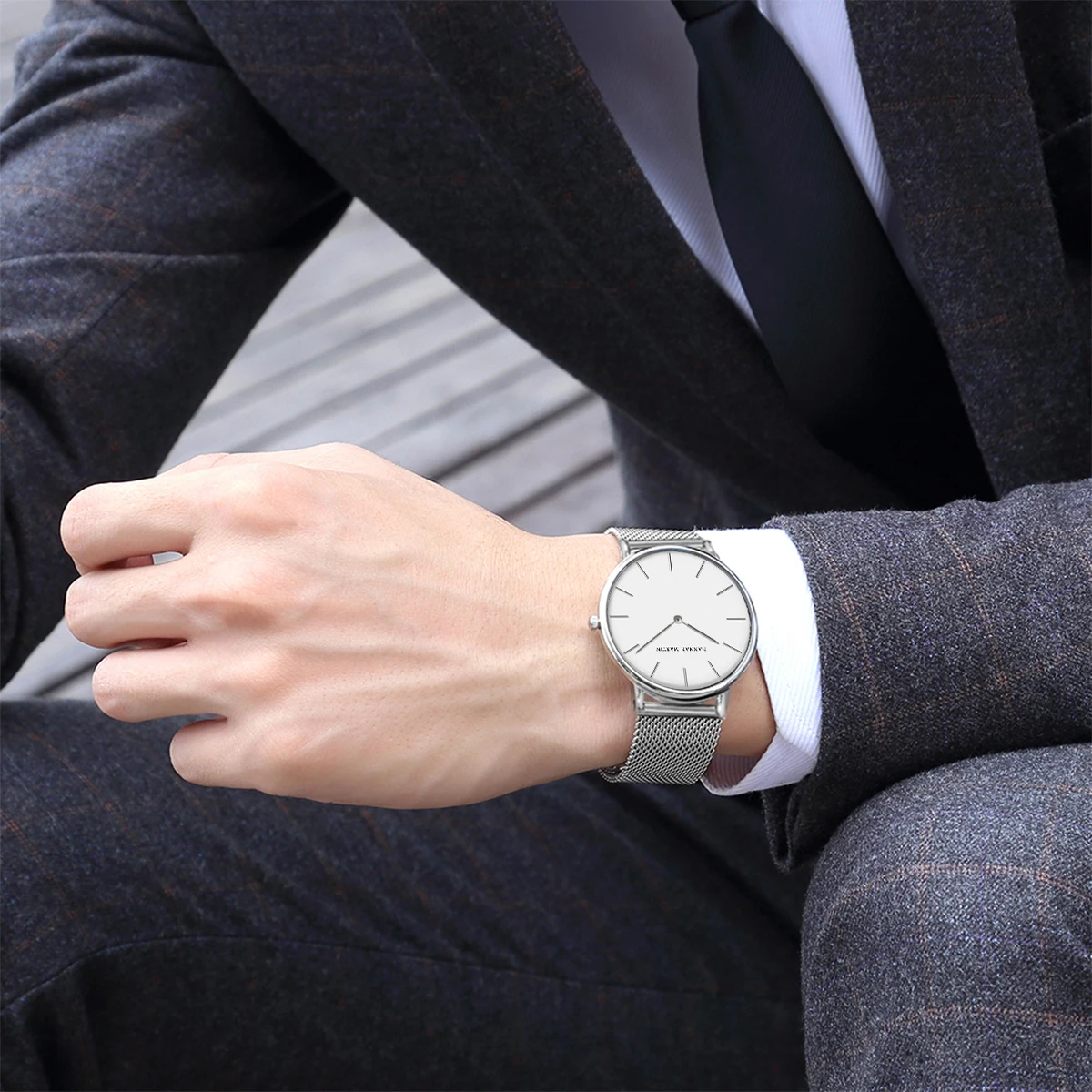 Hannah Martin Mens Business Quartz Watch Japanese Original Movement Stainless Steel Casual Ultra Thin Fashion Silver Black Watch 6