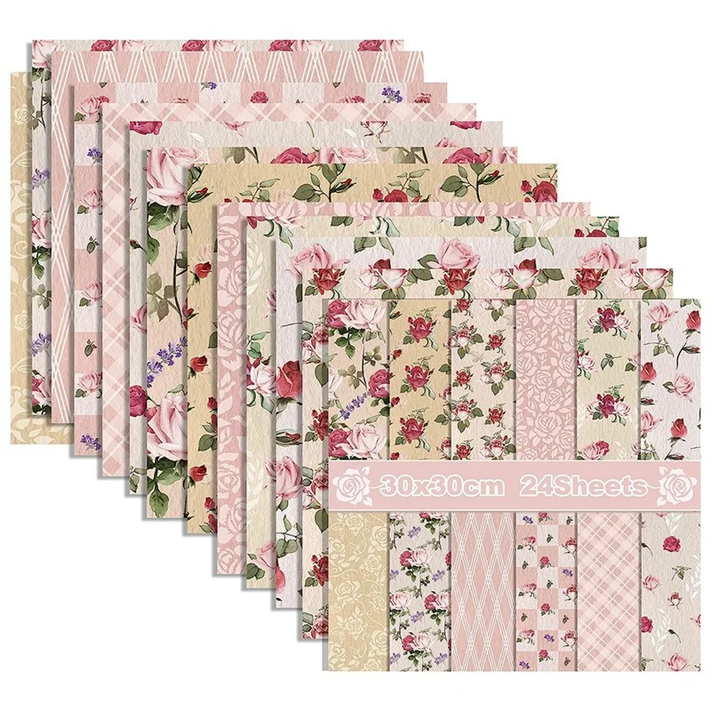 

12X12inch 24 Sheets Spring Pink Rose Scrapbook Paper Advanced Printing Decorative Paper Pink For DIY Making Cards