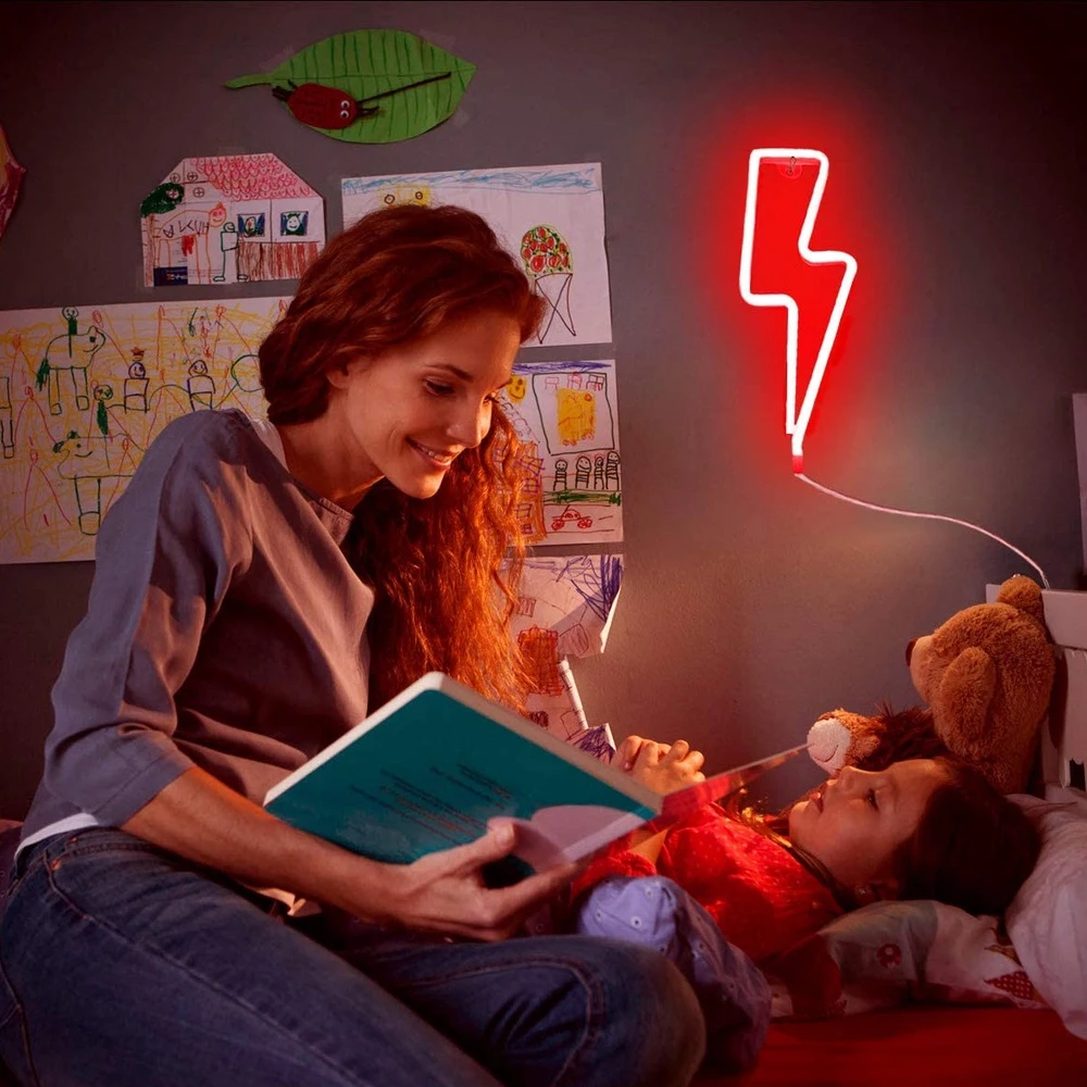 Neon Lightning Bolt LED Sign - USB-Powered Decorative Wall Light